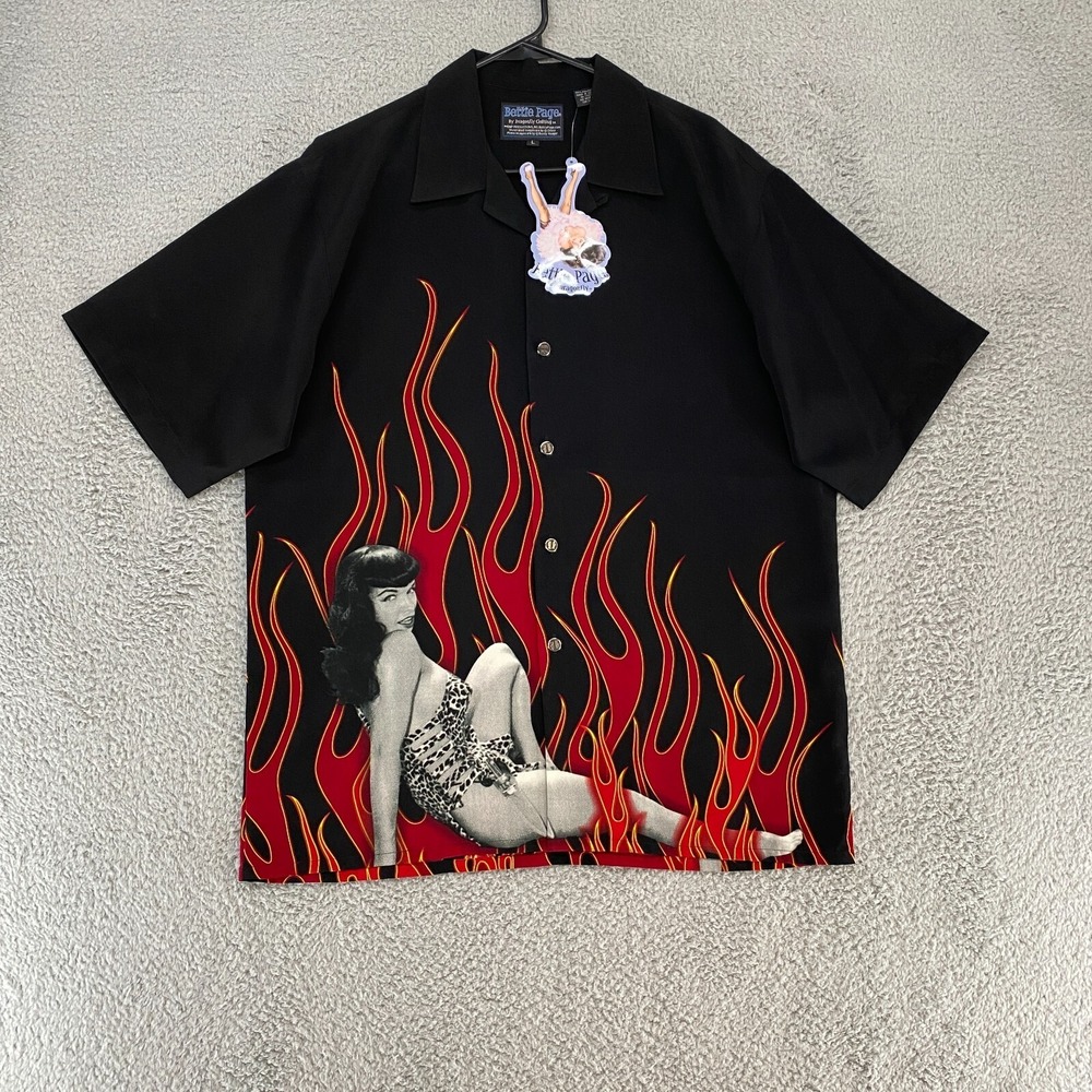 Bettie Page Camp Shirt Mens Large Flames Fire Pinup Vintage‎ Double Sided Lady
